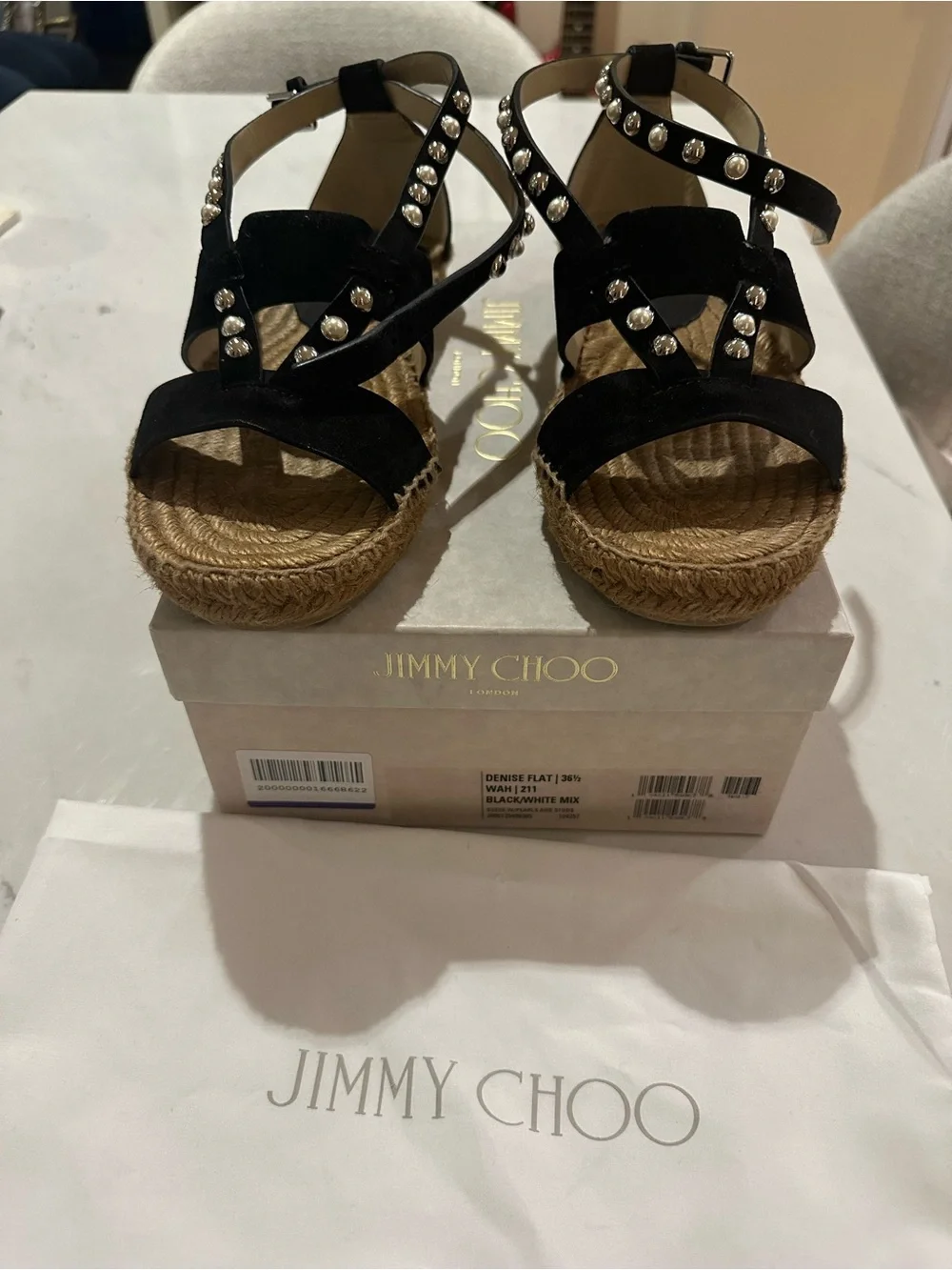 Jimmy Choo Denise Flat Espadrille, 36.5, Black. With box and dust bag